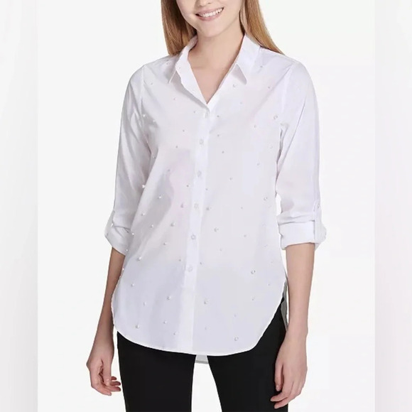 NWT Calvin Klein Imitation Pearl Button-Up Shirt - Picture 1 of 8